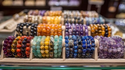 Displays of colorful gemstone bracelets in a jewelry store showcase intricate designs and vibrant hues, attracting customers seeking unique accessories