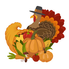 Illustration featuring pilgrim turkey and cornucopia filled with autumn harvest. Perfect for Thanksgiving cards, banners, posters, and festive design projects.