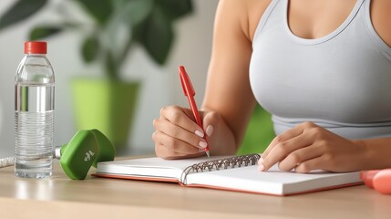 person writing in a fitness journal, tracking their goals and progress