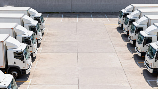 White delivery trucks parked in rows