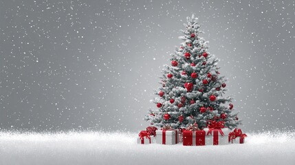 Obraz premium Snow-covered Christmas tree with red ornaments and red-white gift boxes under gray snowy sky.