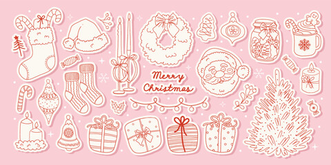 Christmas Vintage hand drawn doodle sticker set. Whimsical Christmas tree, Santa Claus, cocoa, gift, tree toys, socks. Vector sketch line art