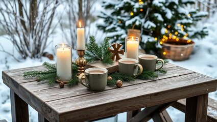 Winter warmth with hot chocolate and candles outside