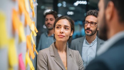 Confident businesswoman leading a brainstorming session with her diverse team in a modern office environment. Creative professionals collaborate using colorful sticky notes on a glass wall - Powered by Adobe