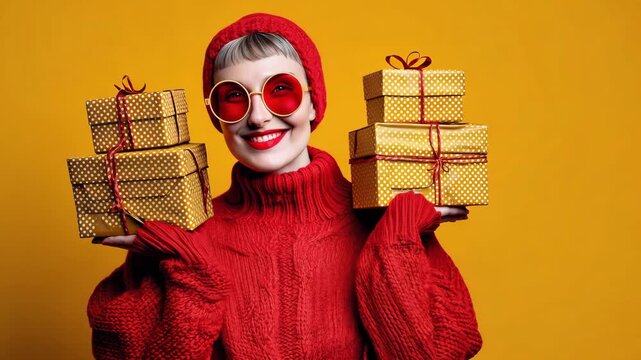 A woman wearing a red sweater and stylish sunglasses presents festive yellow gift boxes on a cheerful orange background
