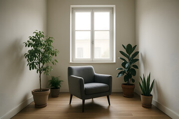 Serene Interior with Green Touches: A minimalist interior exudes tranquility, featuring a comfortable armchair, natural light streaming through the window, and vibrant plants.