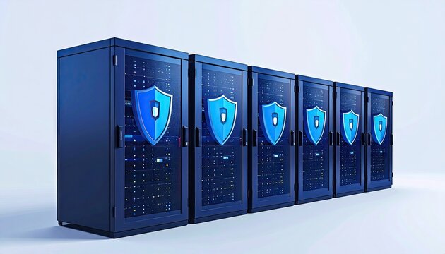 Secure server racks with digital shield icons representing data protection and cybersecurity.