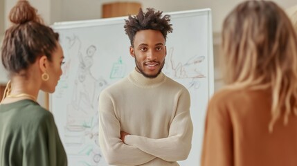 designer standing in front of a whiteboard filled with colorful sketches and diagrams, enthusiastically explaining a concept to a group of collaborators in a bright, airy studio