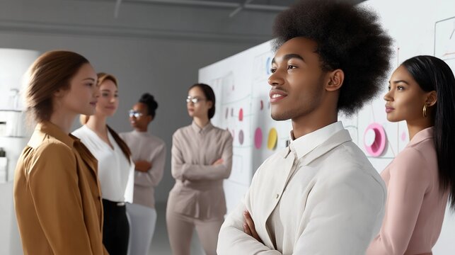 designer standing in front of a whiteboard filled with colorful sketches and diagrams, enthusiastically explaining a concept to a group of collaborators in a bright, airy studio - Powered by Adobe