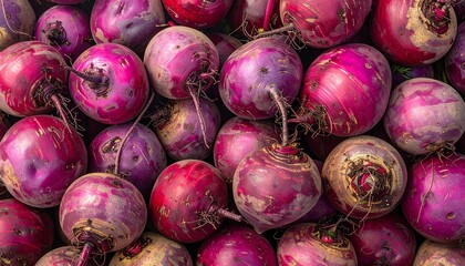 Fresh purple and red beets piled together, showcasing earthy textures, and vibrant organic tones creating a rustic farm harvest background