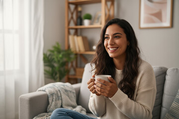 Happy young Hispanic homeowner woman enjoying being at cozy home