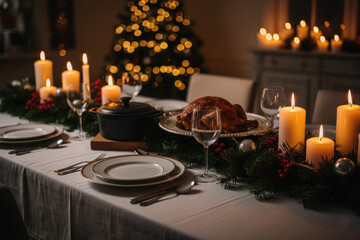 Festive dinner table with candles and pine branches, low light, cinematic mood