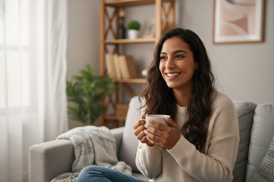 Happy young Hispanic homeowner woman enjoying being at cozy home - Powered by Adobe