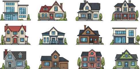 Explore a vibrant collection of charming house designs perfect for real estate marketing, architectural concepts, and creating a welcoming neighborhood feel