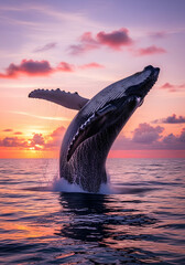 Obraz premium Majestic Breach: A humpback whale erupts from the ocean's surface in a breathtaking display of power and grace, silhouetted against a vibrant sunset sky.