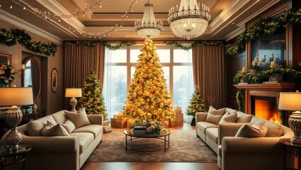 Elegant Christmas living room with golden tree glow