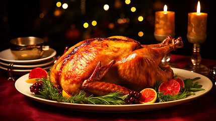 Christmas table served with a turkey, decorated with bright tinsel and candles.