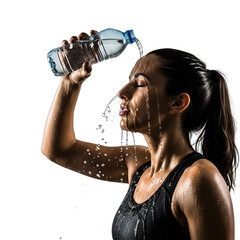 Active woman refreshing herself with cool bottled water after an intense workout, conveying hydration, energy, and summer relief for health campaigns, beverage ads, or fitness promotions,
