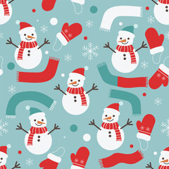 Cute Christmas seamless pattern with snowmen and snowflakes on light blue background, perfect for holiday wrapping paper, festive textile design, or winter greeting card