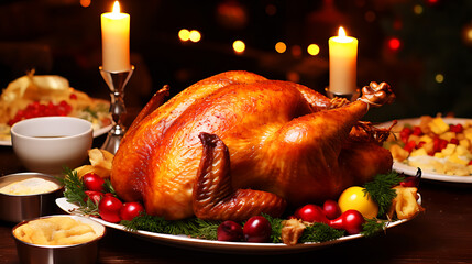 Christmas table served with a turkey, decorated with bright tinsel and candles.