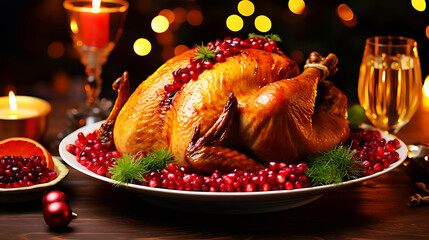 Christmas table served with a turkey, decorated with bright tinsel and candles.