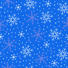 Simple seamless pattern with snowflakes on a blue background. Vector graphics.