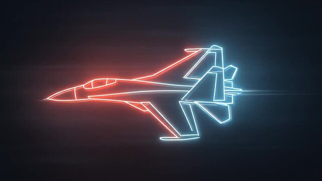 Neon jet fighter silhouette on dark background digital illustration