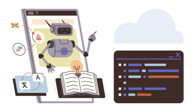 Robot interacts via a mobile screen with open book, cloud, and code. Ideal for education, AI, automation, tech support, coding language learning technology. Simple flat metaphor