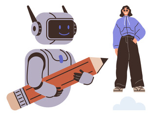 Robot with smiling face holding large pencil while standing near casually dressed woman in sunglasses. Ideal for technology, creativity, innovation, design, collaboration, education, artistic effort