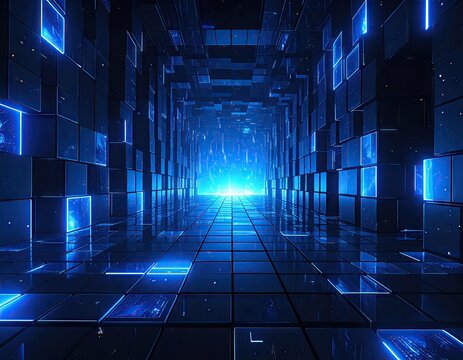 Futuristic blue digital corridor with glowing neon lights and abstract geometric patterns.