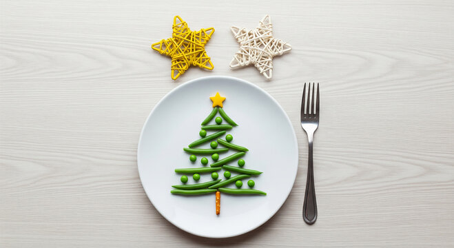 Christmas tree made of green beans on a plate, accompanied by star decorations, creating a festive and healthy holiday meal concept