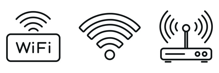 WiFi and Router Icon Set – Wireless Internet Connection, Network Signal, and Communication Symbols in Outline Style