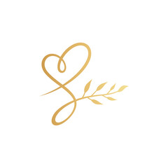 S letter logo design with heart and leaves. Golden luxury initial S vector icon