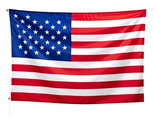 American flag, red and white stripes, blue field with white stars, hanging on white
