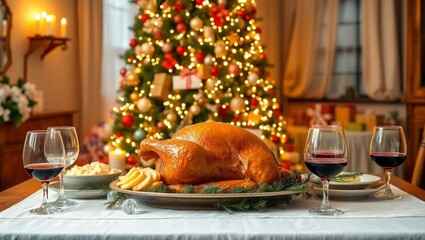 Delicious holiday feast with turkey and wine on Christmas