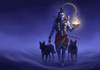 Naklejka premium Sacred Walk of Kalabhairava. Divine Night Mist Illustration.