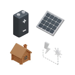 Isometric icons of battery solar panel small wooden house and light bulb with lightning bolt symbol on transparent background representing sustainable energy concept