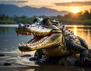 Fototapeta premium Alligator basking in sunset light, with mouth open showing teeth, on a riverbank
