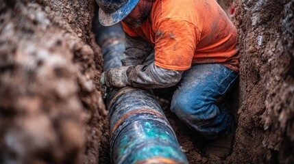 Worker in orange shirt and blue jeans carefully installs a pipeline in a trench while wearing a hard hat on a construction site