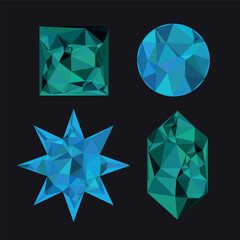 Abstract geometric faceted gemstone collection with polygonal shapes and vibrant blue-green low-poly design elements on a dark background