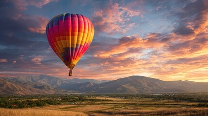 Fototapeta premium Vibrant hot air balloon soaring above scenic landscape at sunset, showcasing colorful skies and rolling hills in the distance