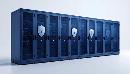 Secure Data Center Server Racks Featuring Digital Shield Icons.