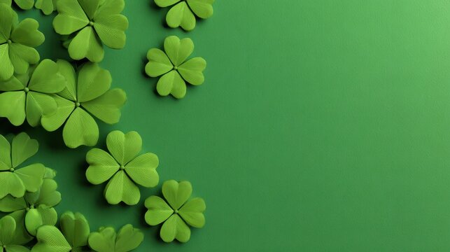 Shamrocks on a vibrant green background create a festive atmosphere for St Patricks Day celebration