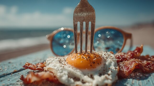 Egg and bacon on fork with sunglasses at beach, minimalist food art with vacation theme composition