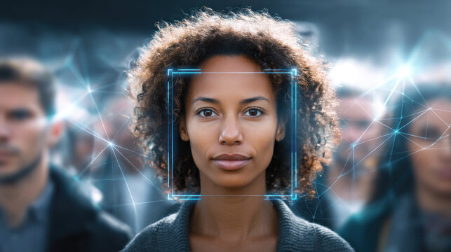 Realistic AI facial recognition system scanning crowd. Automation of generation and training of artificial intelligence technology machines, AI.