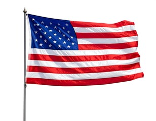 American flag waving on a silver pole isolated on white background under bright sky