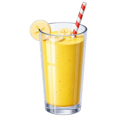 Banana smoothie in a glass with banana slices and straw drink beverage