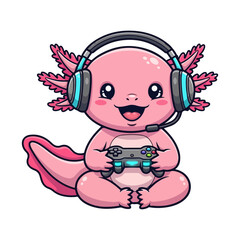 Cute Gamer Axolotl Wearing Headphones and Holding Game Controller Vector Illustration
