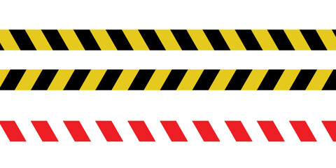 Warning yellow black red diagonal stripes line. Safety stripe warning caution hazard danger road vector sign symbol. Long danger ribbon. Vector illustration on white background.