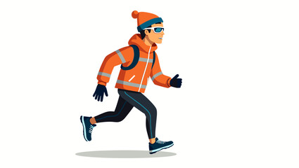 Male jogger in winter gear with red jacket and backpack running confidently on light background, concept of adventure and physical strength
